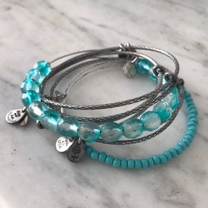 Alex and Ani Silver & Aqua Beaded 5 pc Bangle Set